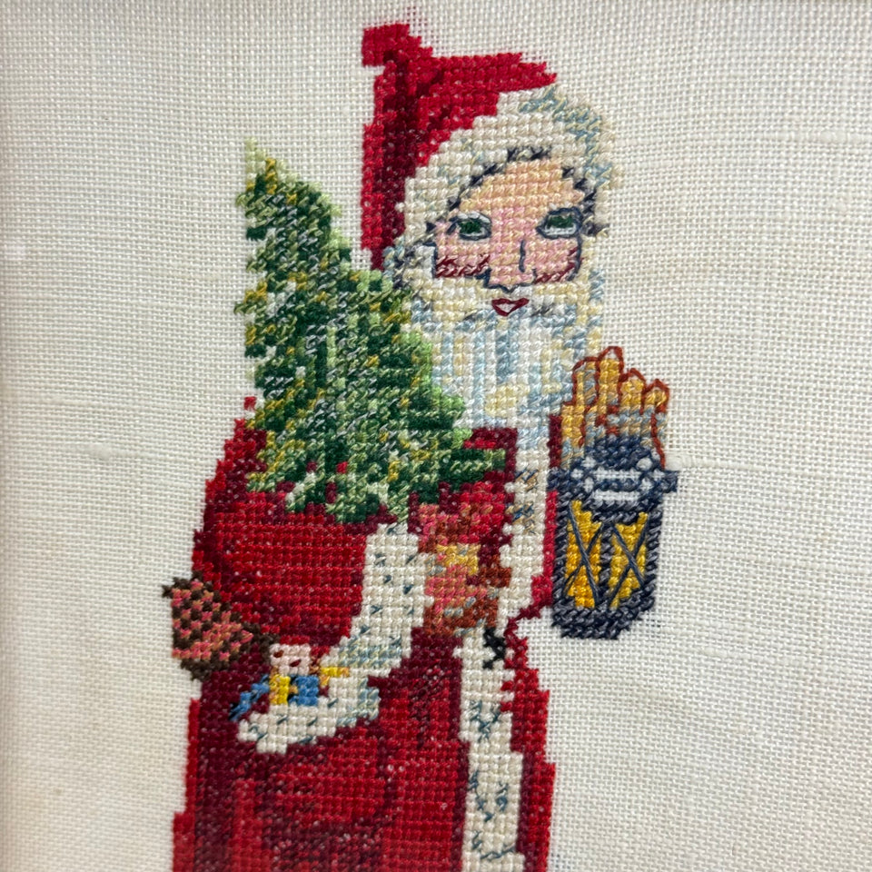 Vintage Santa needlepoint embroidery - Santa with Christmas tree and presents