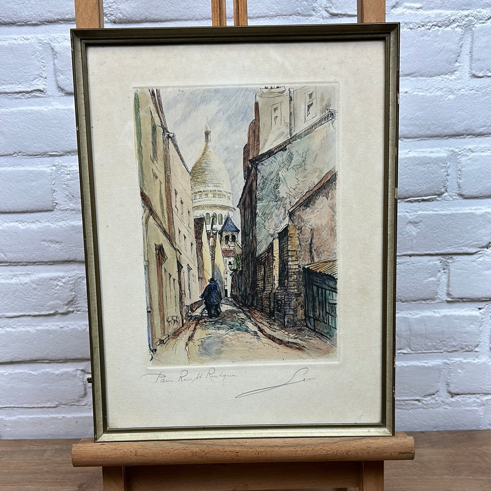 Framed Colored etching Paris “Rue Saint-Rustique à Montmartre”