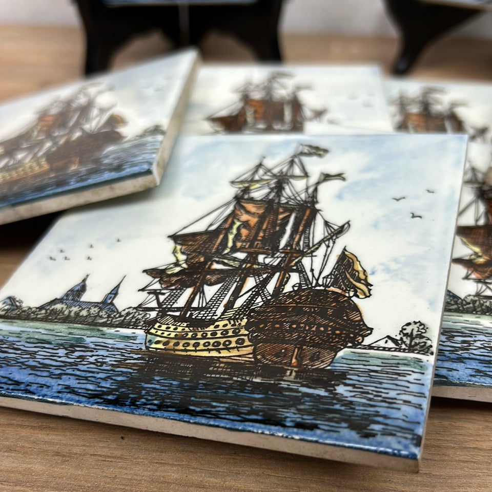 A set of 2 hand painted Dutch Sailing Ships - Ceramic Tiles - Also available in larger sets