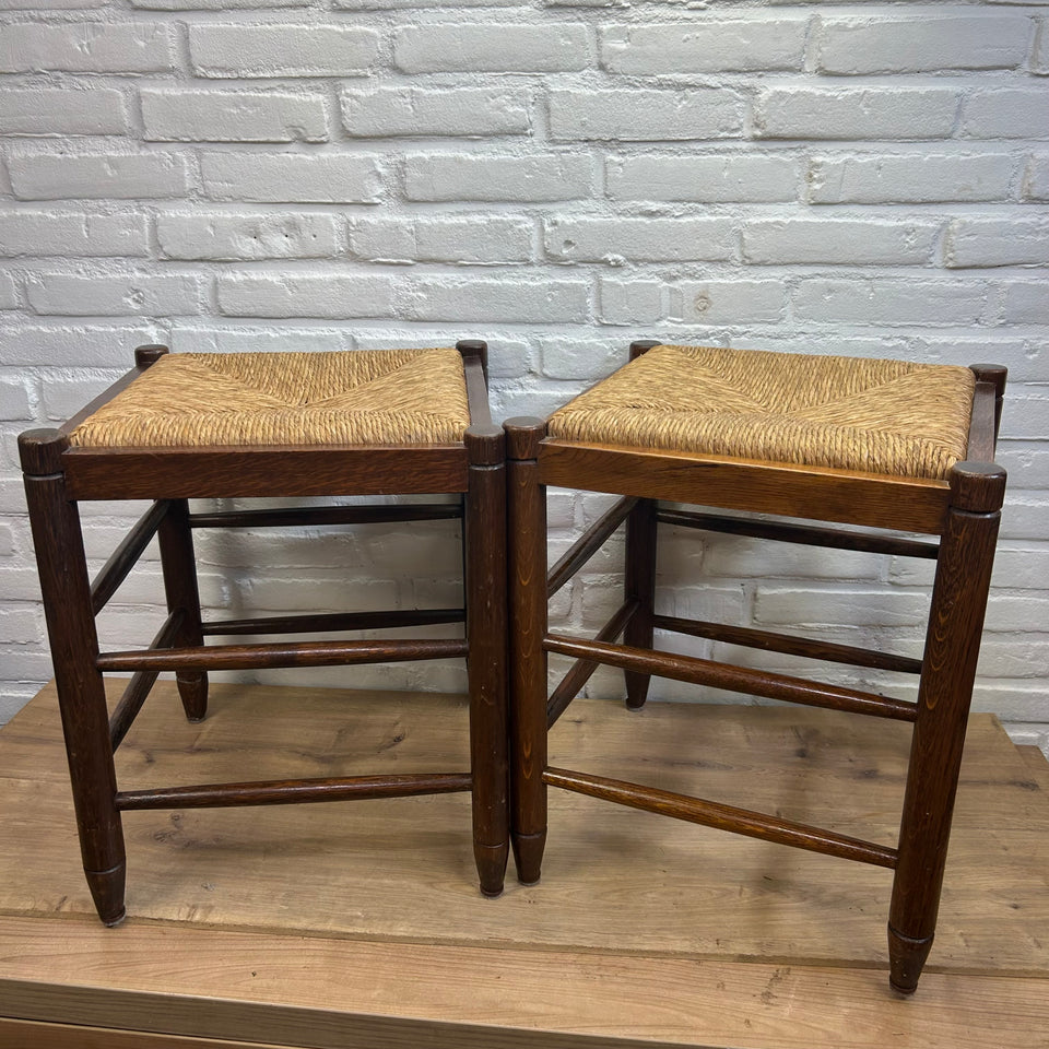 Mid-century modern wooden rattan stools