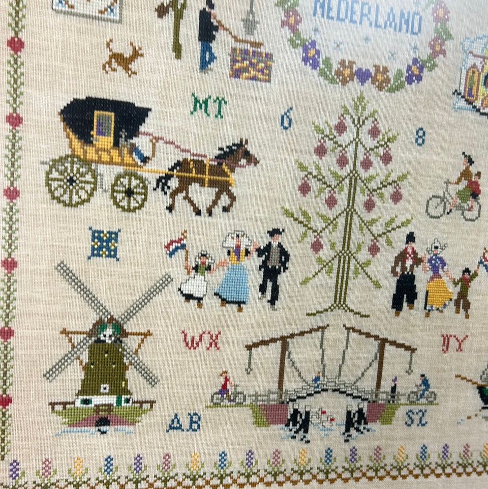 Vintage Sampler Dutch Scenes from Holland Embroidery - Tapestry - Patchwork - Cotton work - Framed