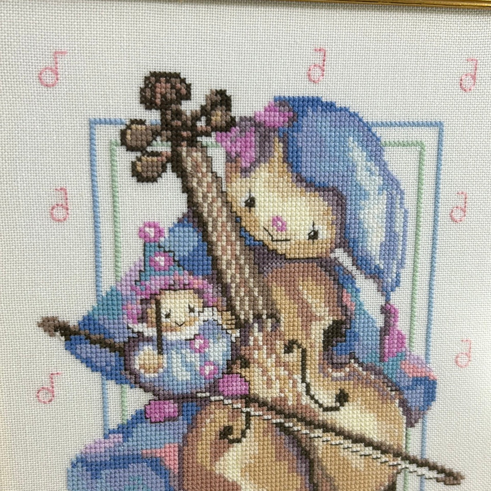 Mouse playing Violin Shalom - Children’s room - Embroidery - Tapestry - Patchwork - Cotton work - Framed