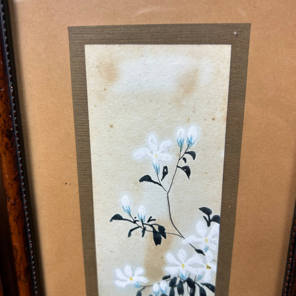 Two Handpainted Asian floral & bird paintings behind frame