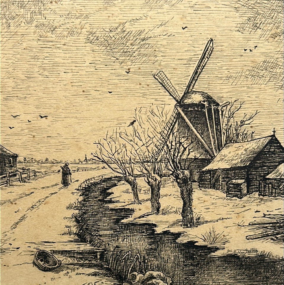 Black Pen ink drawing of Dutch Landscape