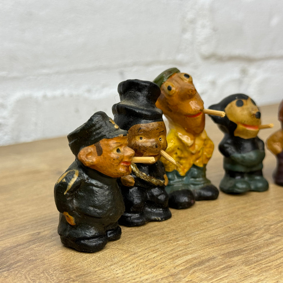 Large set of 6 figures - Stabchen Raucher Macky Smoker figurines and a antique smoking Mickey Mouse