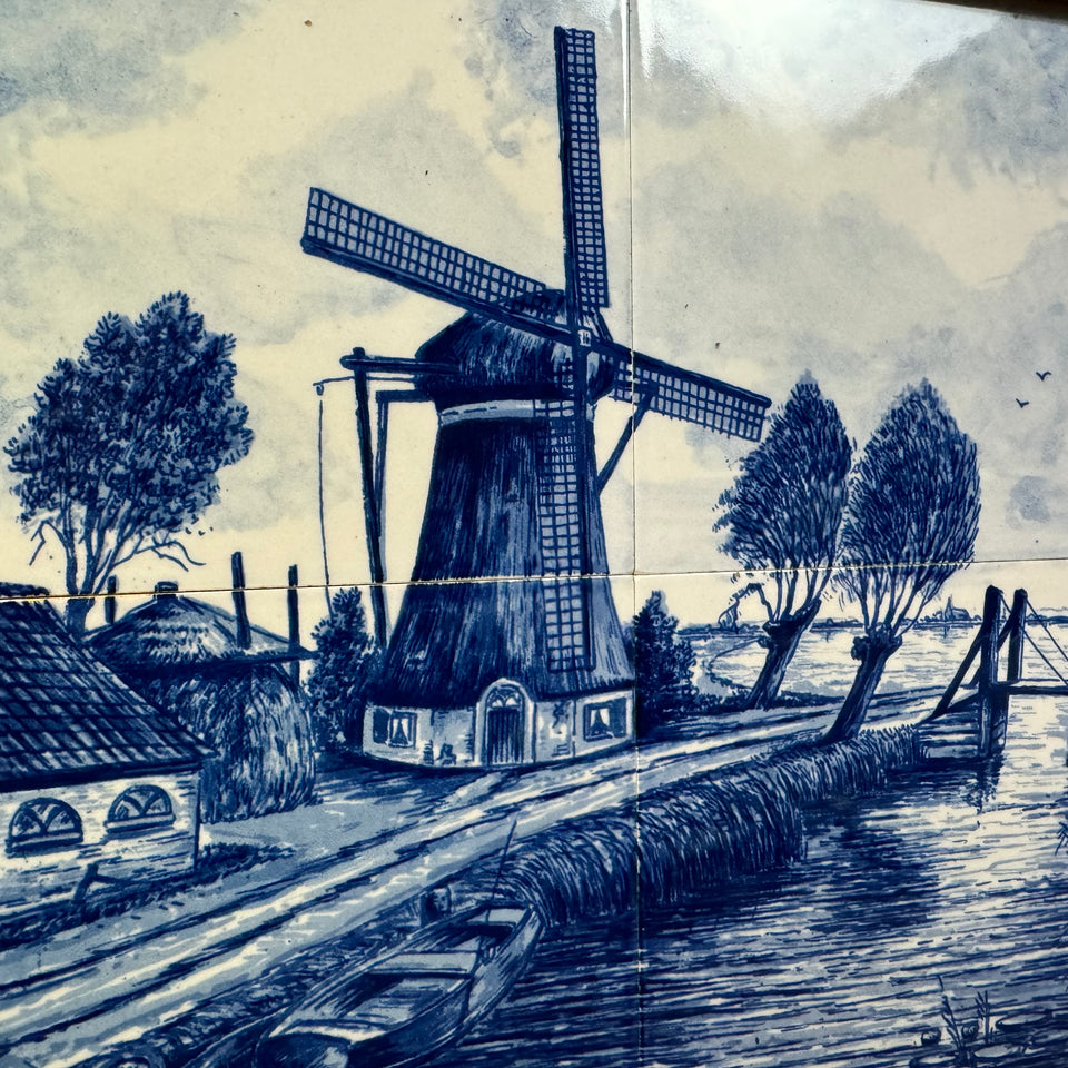 Delfts Blue wall plate painting of a Dutch Landscape - 6 framed ceramic tiles