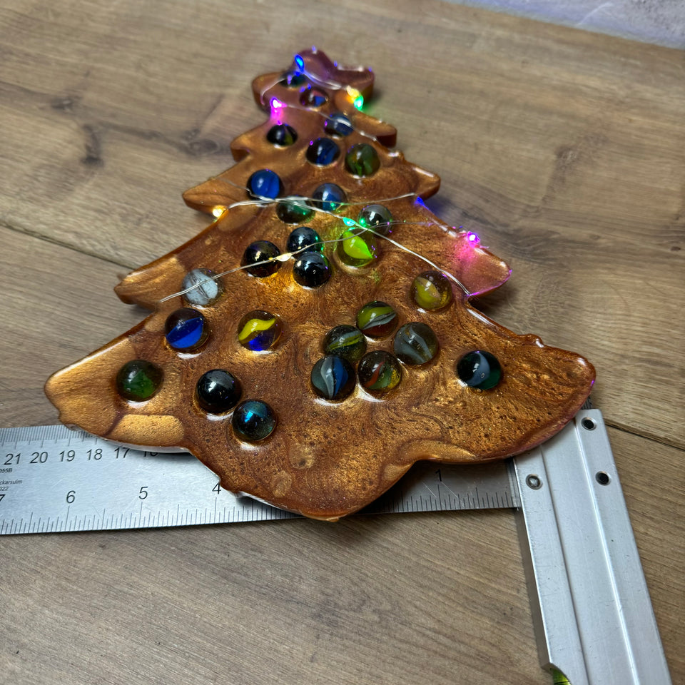 Glass Marbles Christmas tree - Gold Resin epoxy art with colored lights