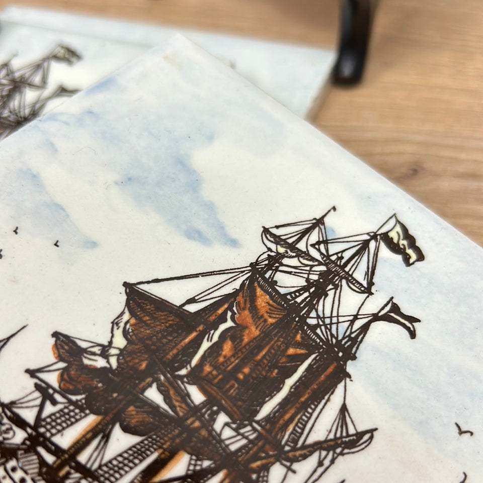 A set of 2 hand painted Dutch Sailing Ships - Ceramic Tiles - Also available in larger sets