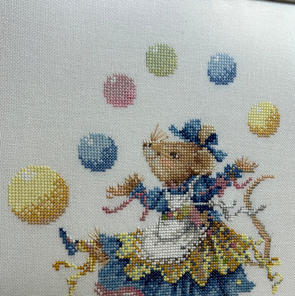 Vintage Mouse Embroidery no 5 -  Childrens room - Tapestry Mouse - Patchwork - Cotton work - Framed behind glass