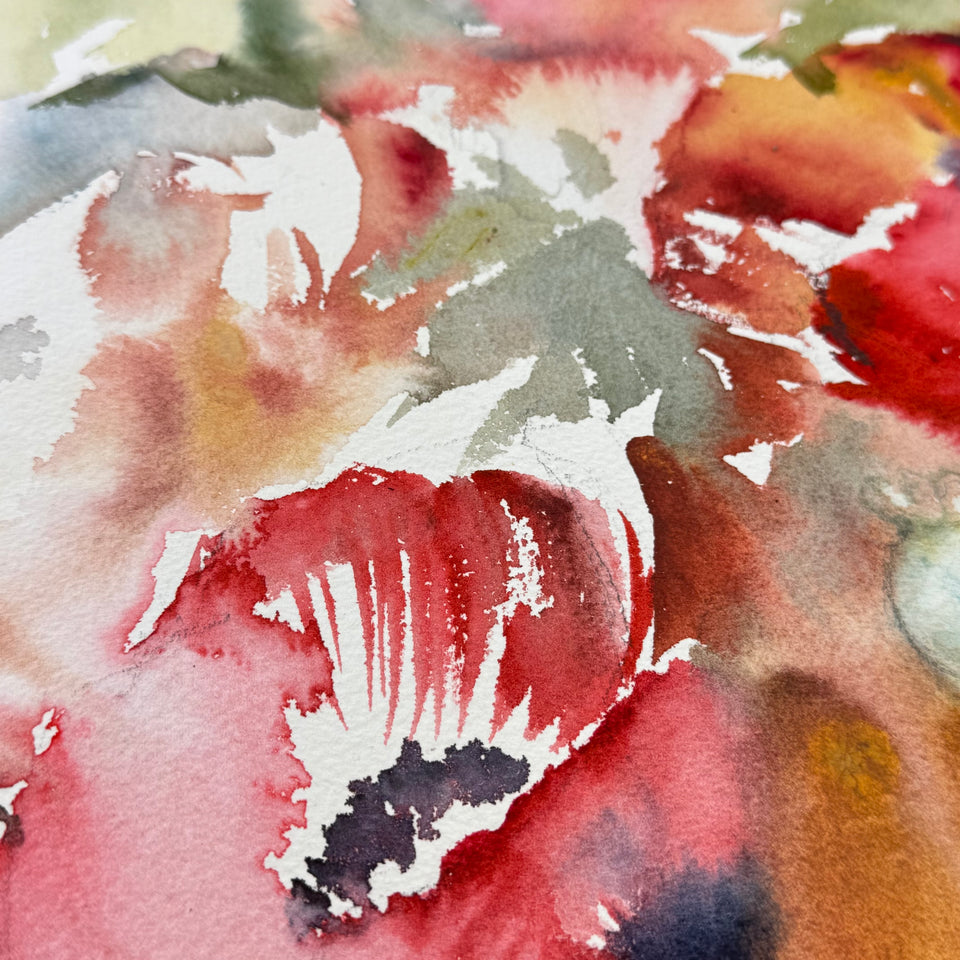 Large watercolor painting: Abstract Flowers by Coraline Bäcker