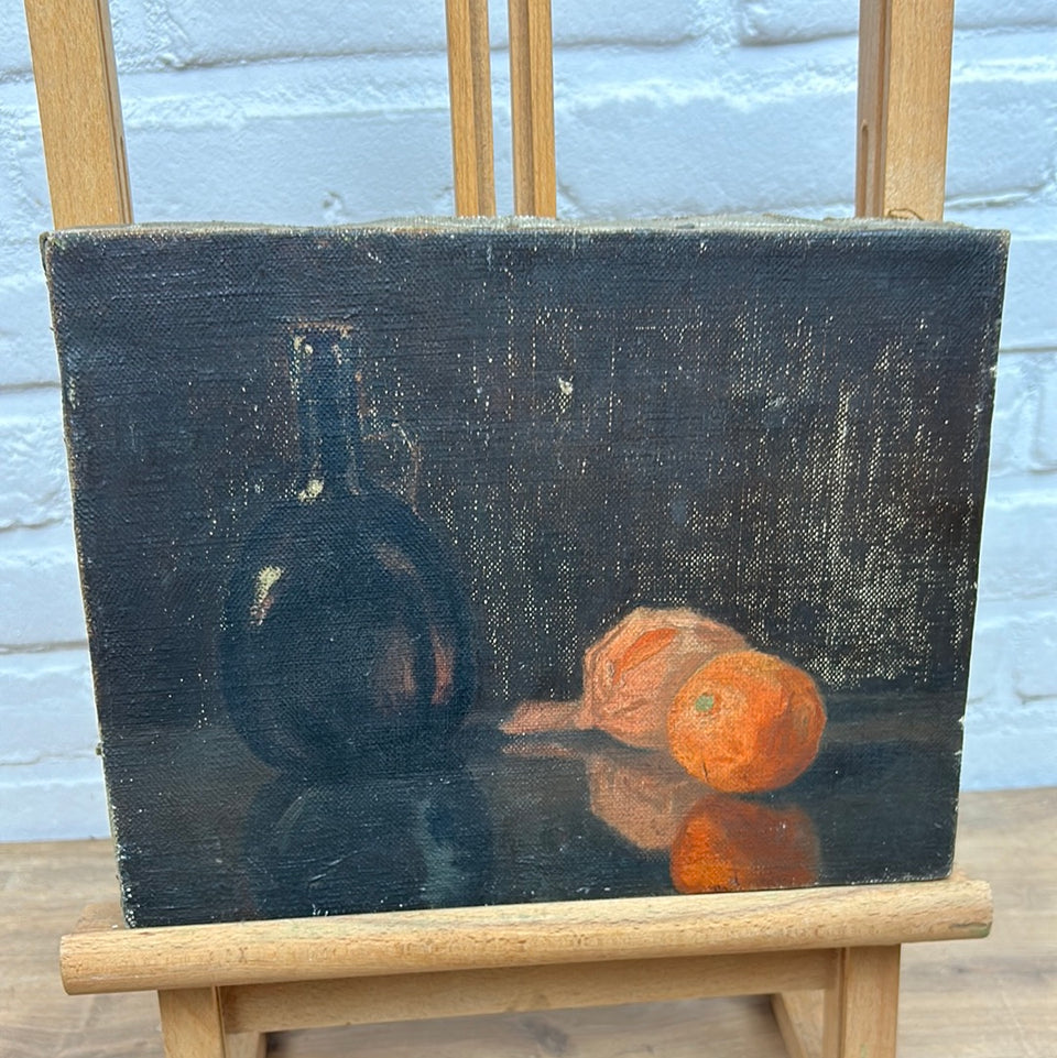 Small Still life oil painting with bottle and fruit