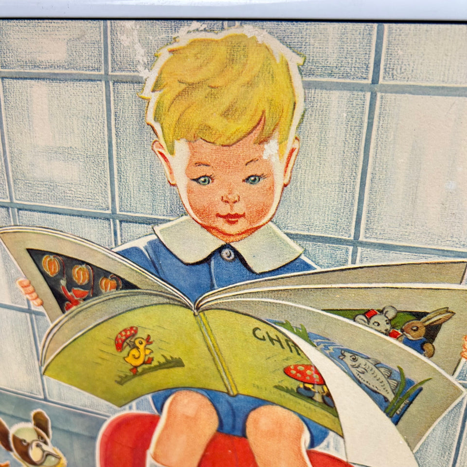 Vintage framed illustration of a boy reading a book for his toy friends