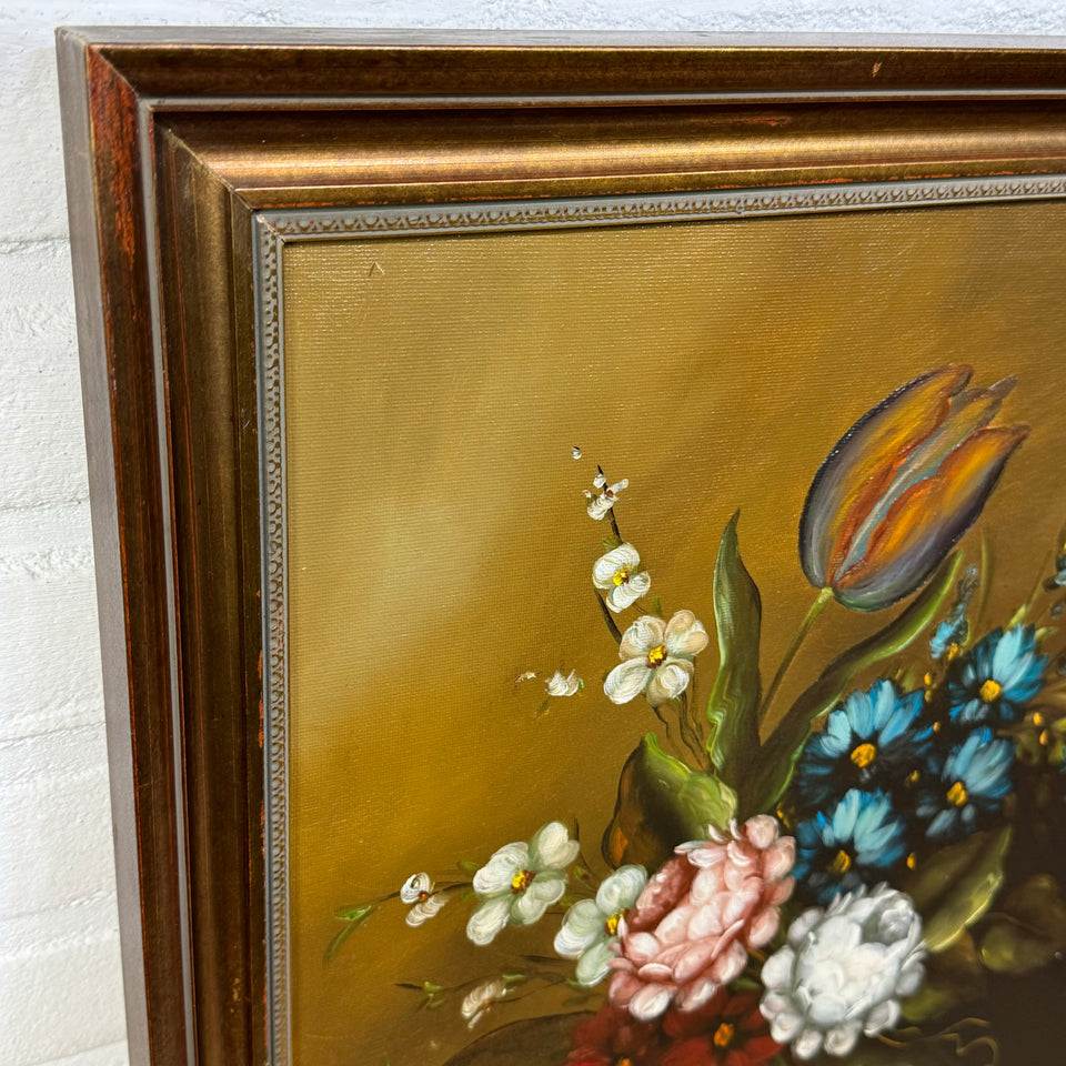 Still life bouquet of flowers - Oil painting in wooden frame