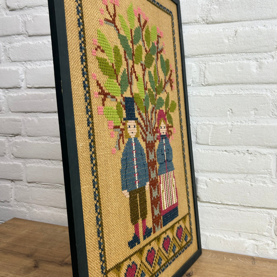 Antique Embroidery Cross Stitch - Vintage Embroidery - Tapestry - Patchwork - Cotton work - Framed