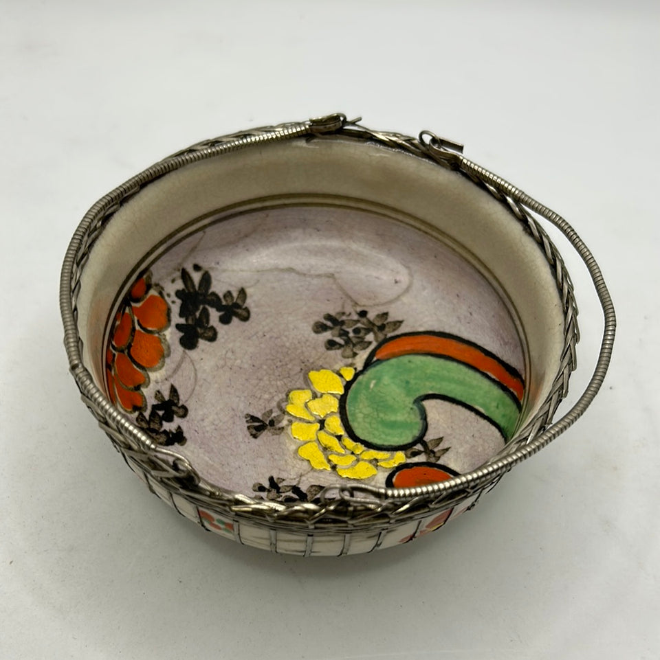 Unique Asian hand painted ceramic bowl with Silver plated handles and decorations