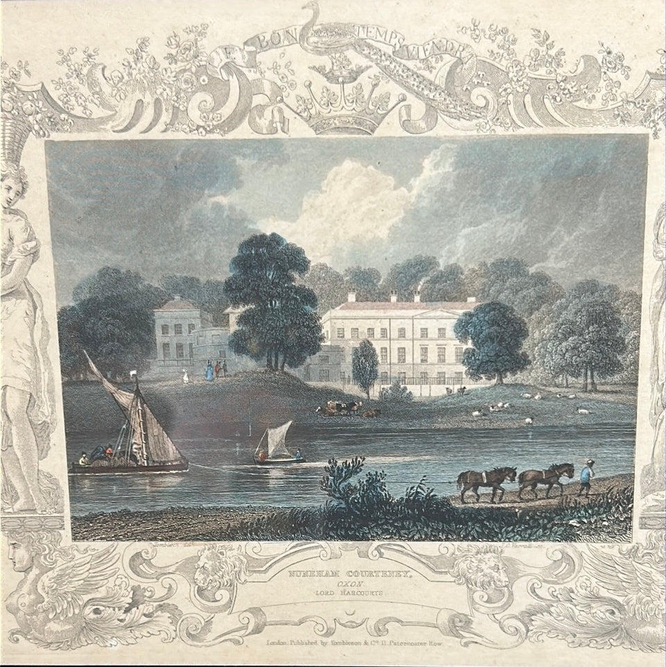 Nuneham House Oxon Lord Harcourts London 1834 print in antique black glass frame