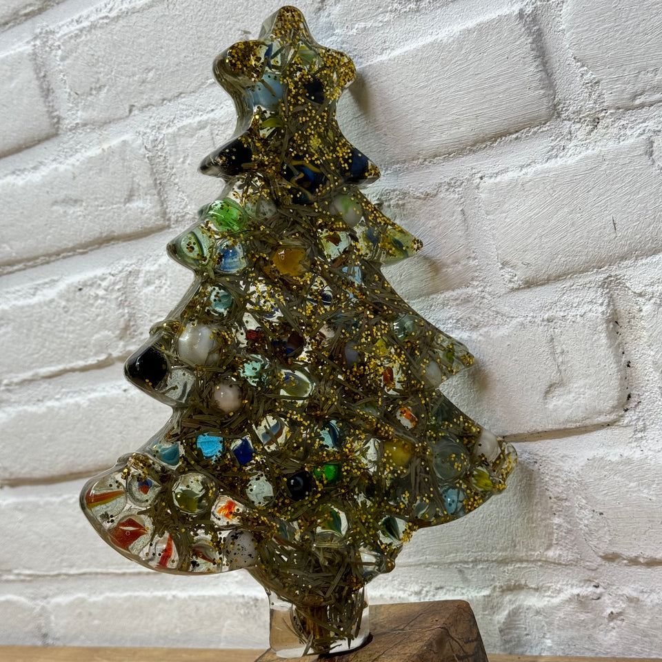 Resin & Marbles Christmas tree with real pine needles and glass Marbles in epoxy