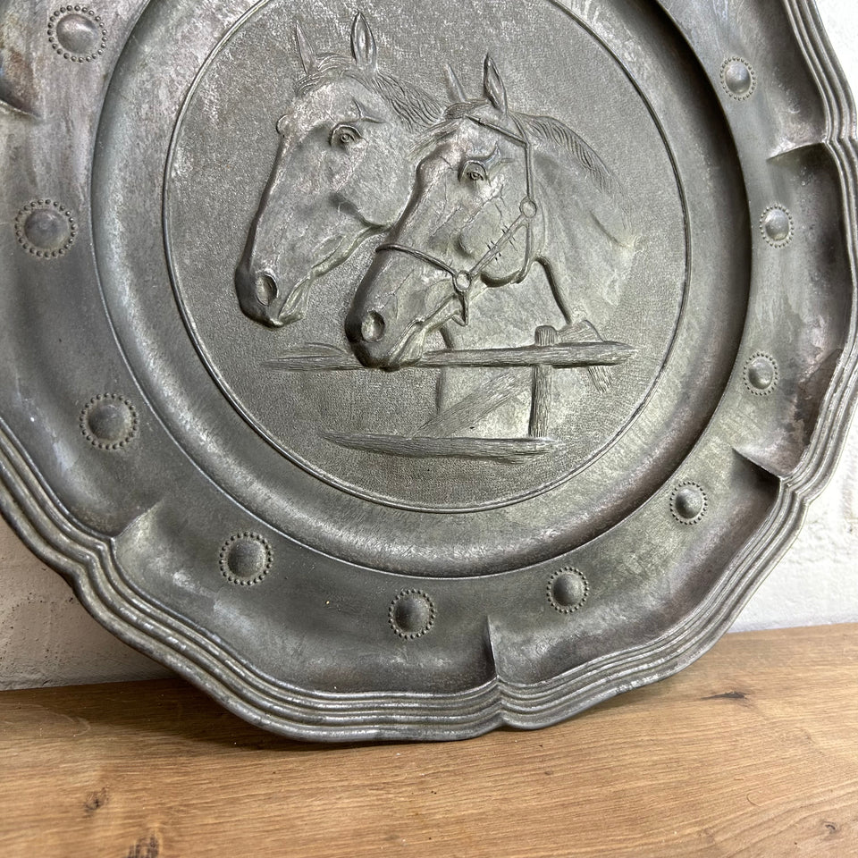 Antique Horse Pewter Decorative Plate, Two Horses Stading at a Fence