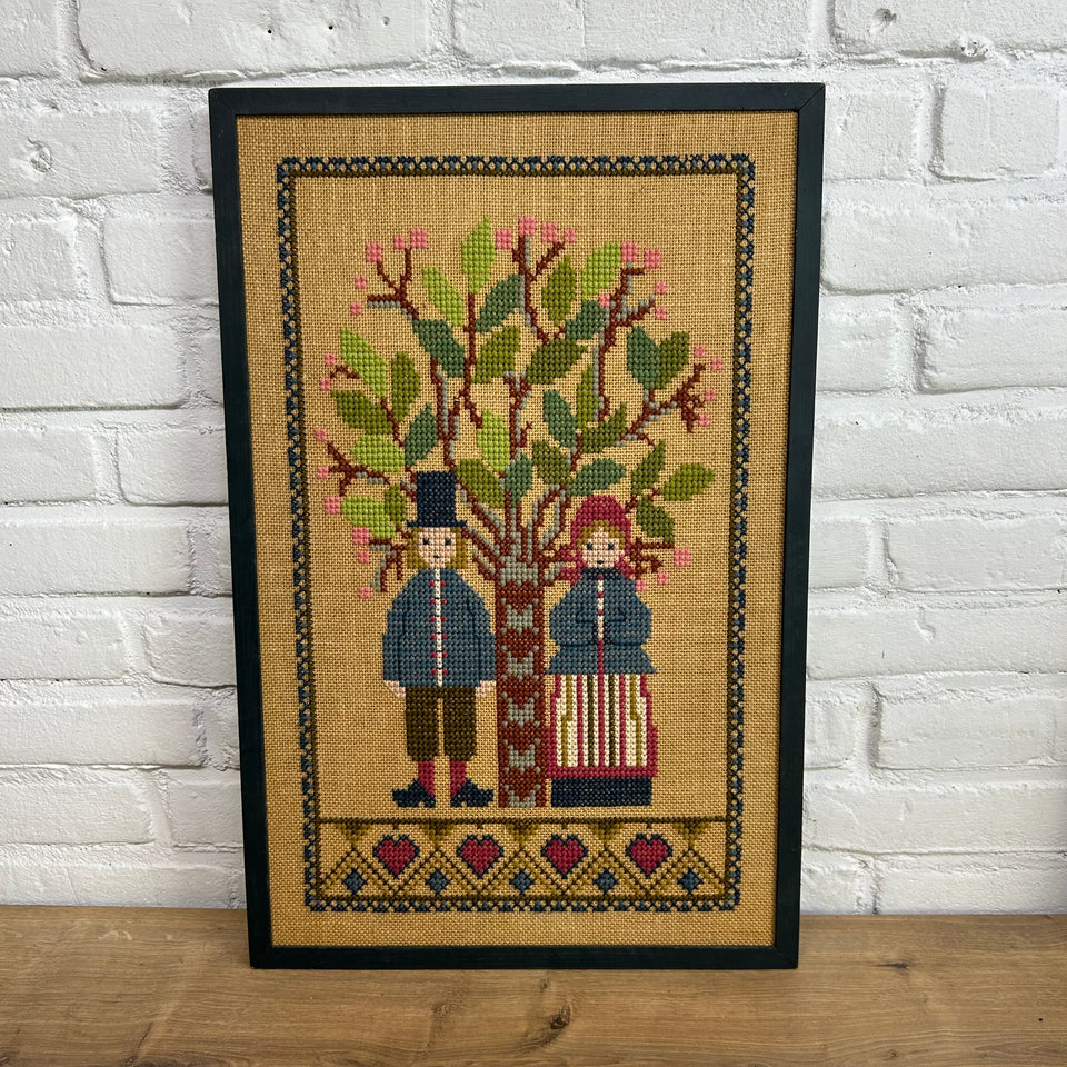 Antique Embroidery Cross Stitch - Vintage Embroidery - Tapestry - Patchwork - Cotton work - Framed