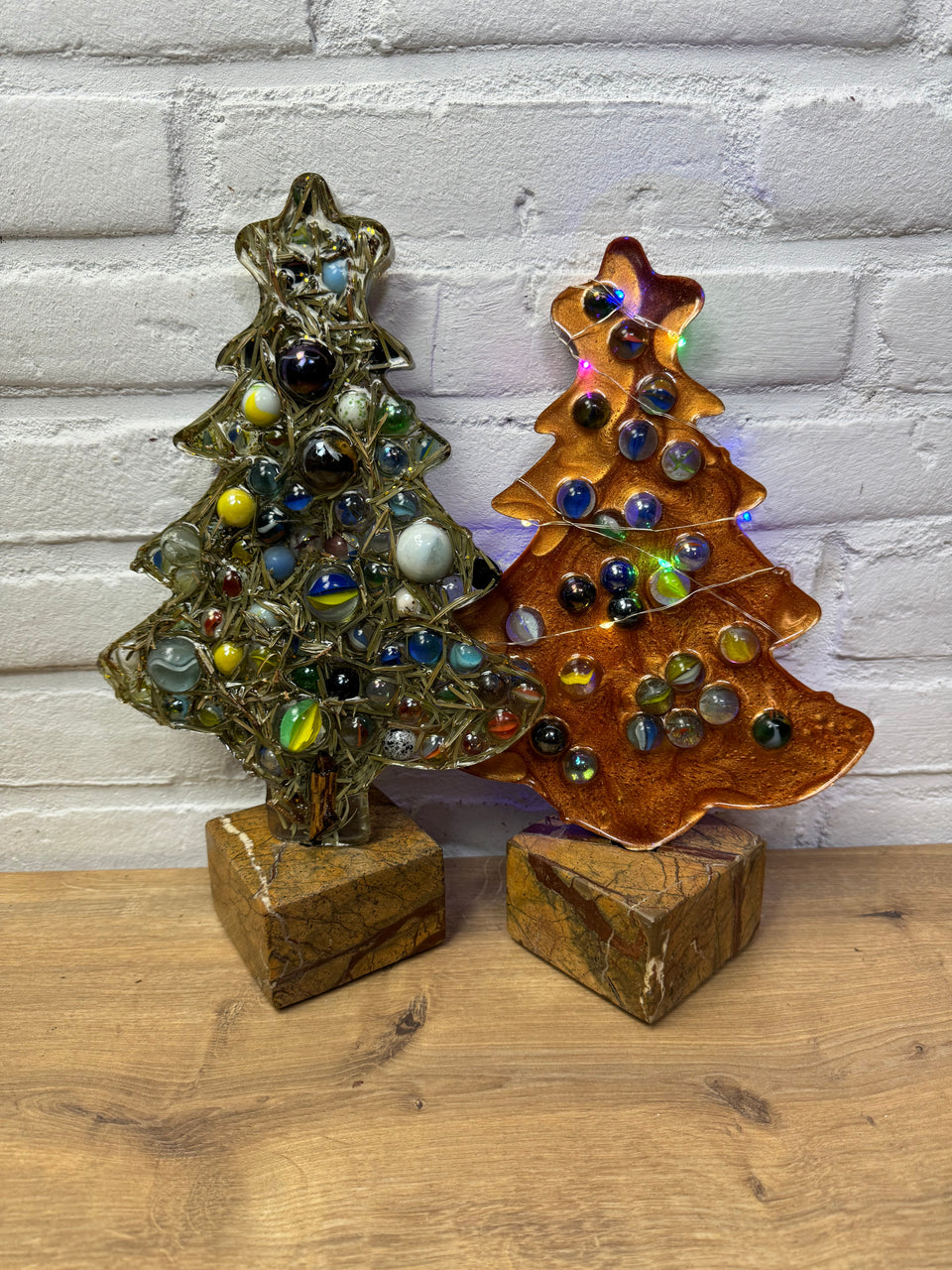 Glass Marbles Christmas tree - Gold Resin epoxy art with colored lights