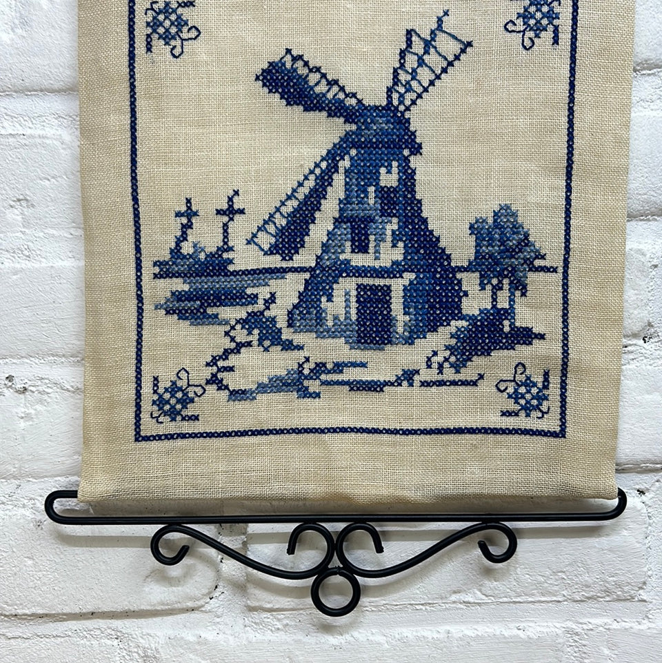 Large Delft tile cross-stich embroidery -  wall hanging - including handles - Sailing ships and windmill