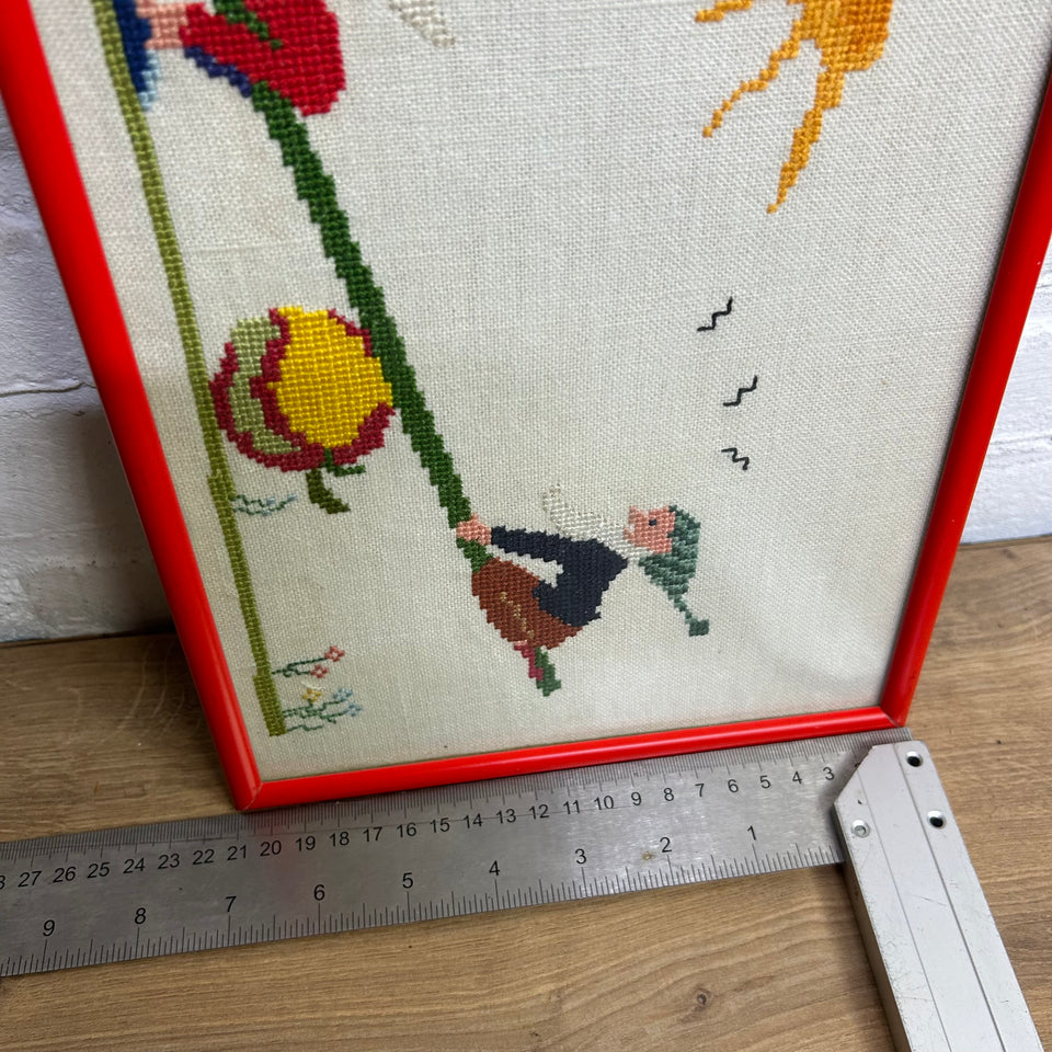 Small Vintage Embroidery of playing Gnomes Kabouters - Cottonwork - Framed