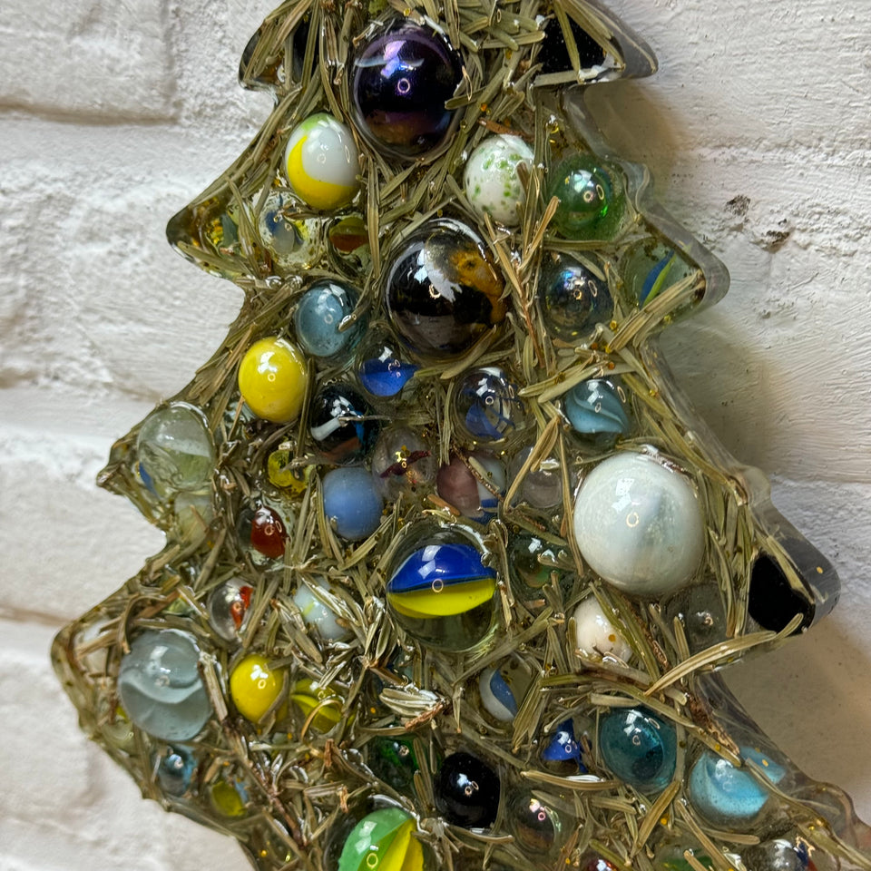 Resin & Marbles Christmas tree with real pine needles and glass Marbles in epoxy