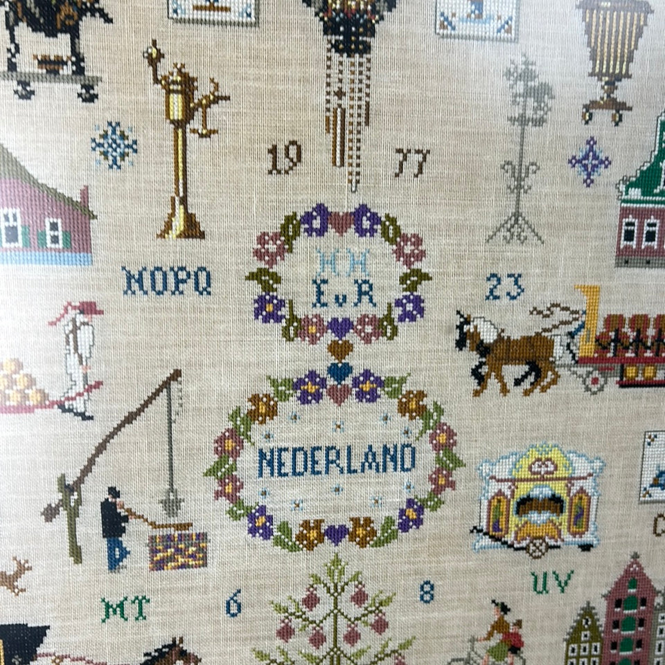 Vintage Sampler Dutch Scenes from Holland Embroidery - Tapestry - Patchwork - Cotton work - Framed