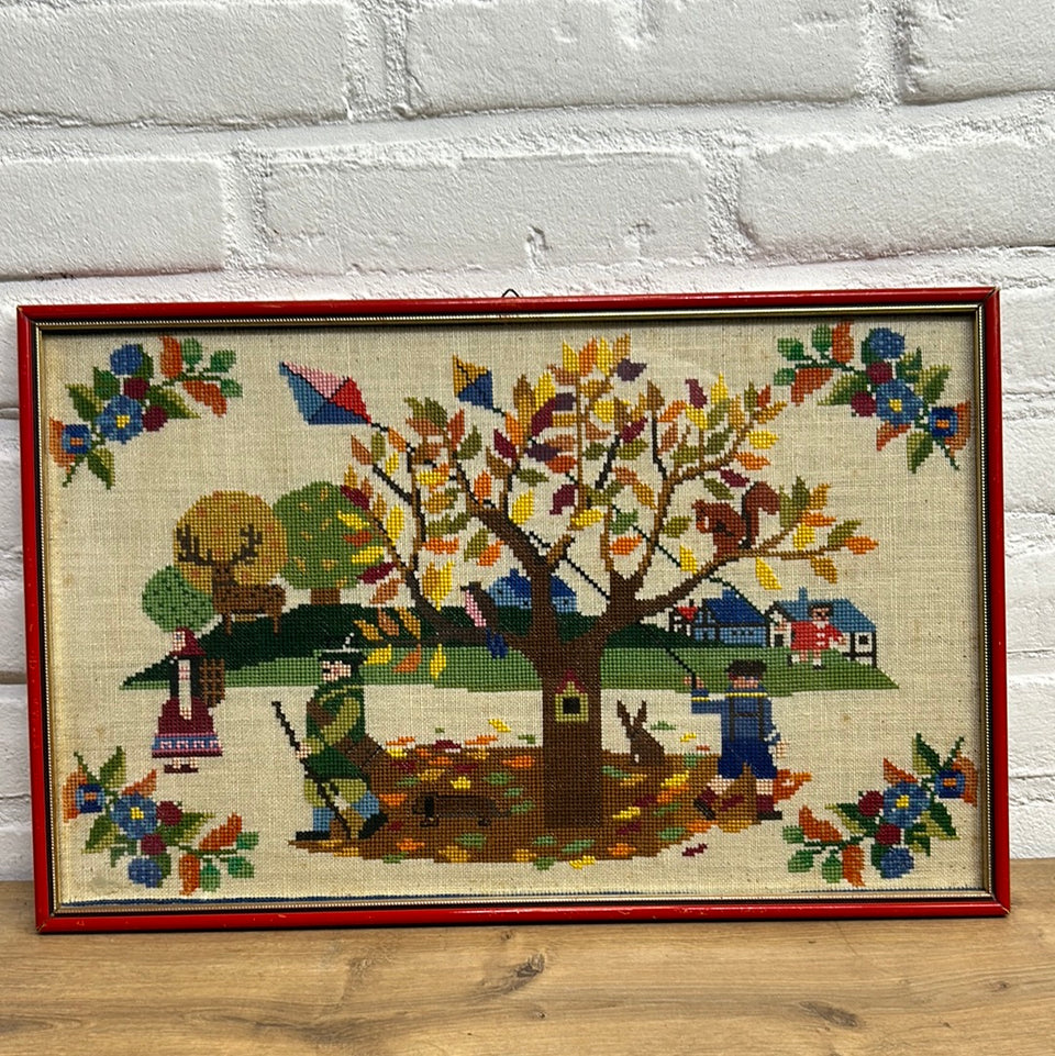 Autumn & Winter Embroideries - Tapestry - Patchwork - Cotton work - Framed behind glass