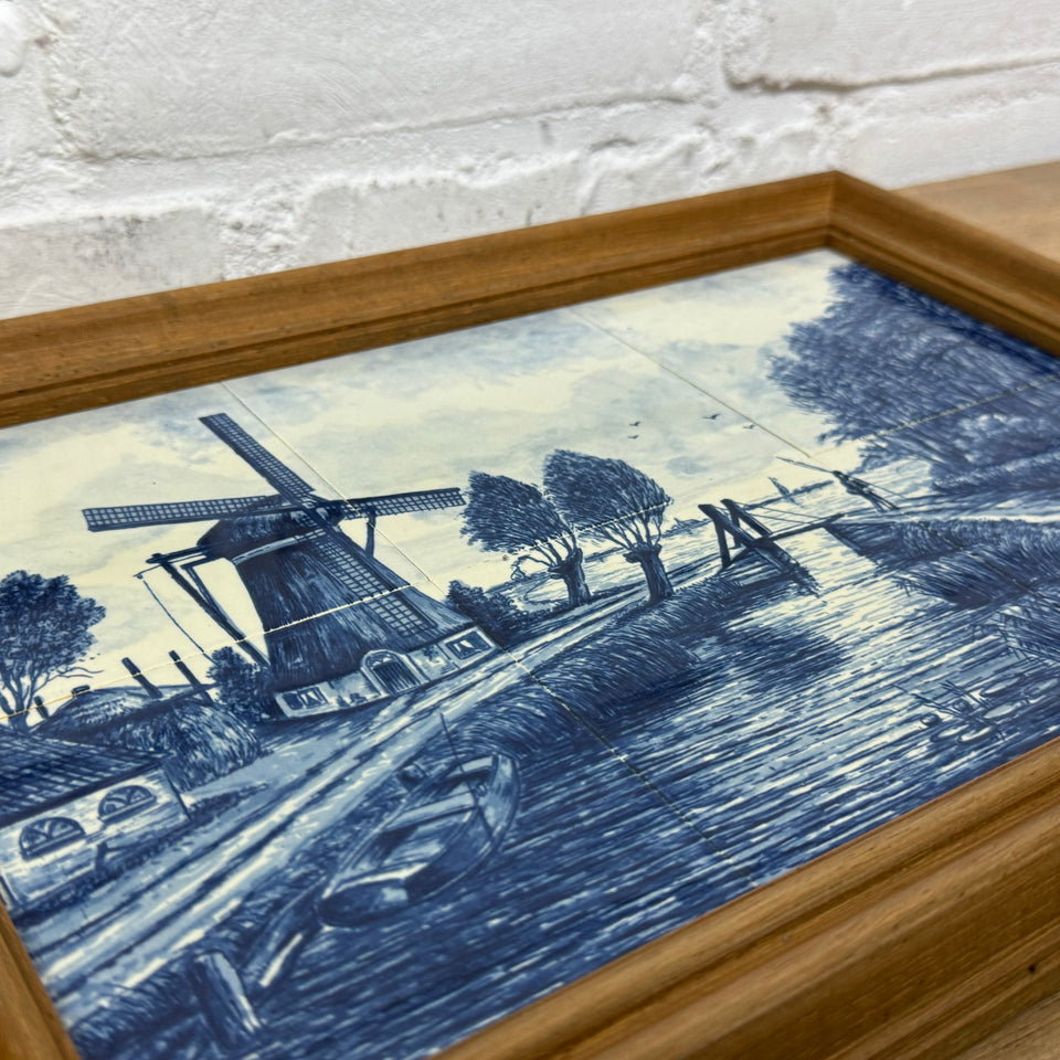 Delfts Blue wall plate painting of a Dutch Landscape - 6 framed ceramic tiles