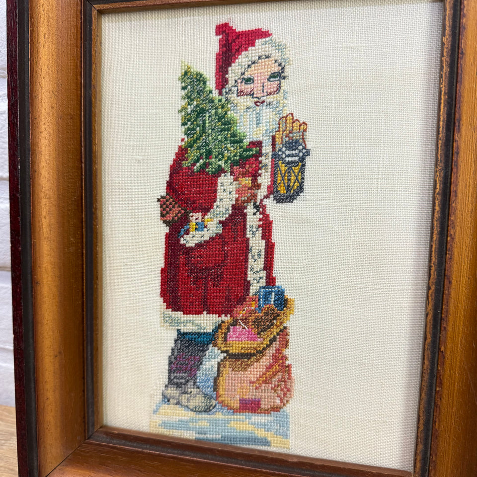 Vintage Santa needlepoint embroidery - Santa with Christmas tree and presents