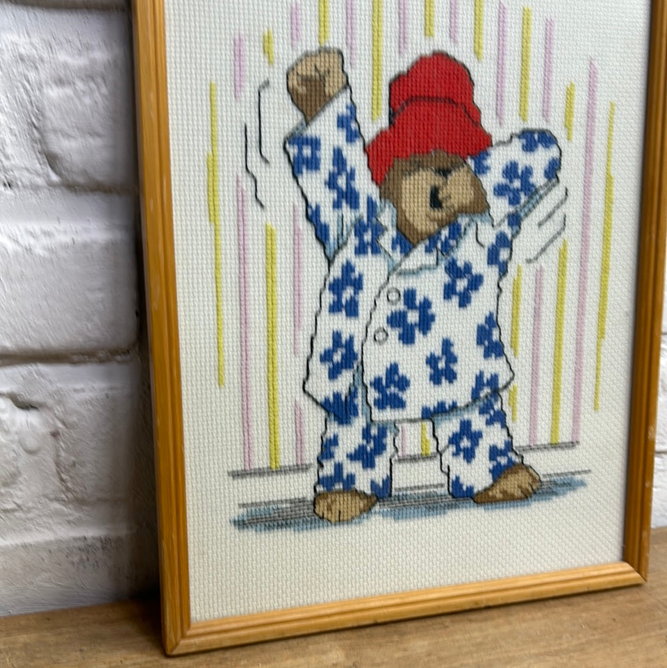 Vintage Sleepy Paddington bear Embroidery -  Childrens room - Tapestry Rabbits - Patchwork - Cotton work - Framed behind glass