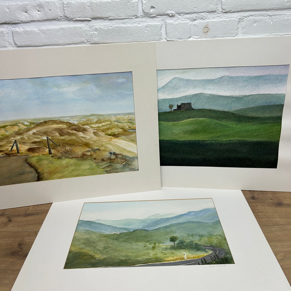 Set of three watercolor paintings of Italy, Tuscany landscape