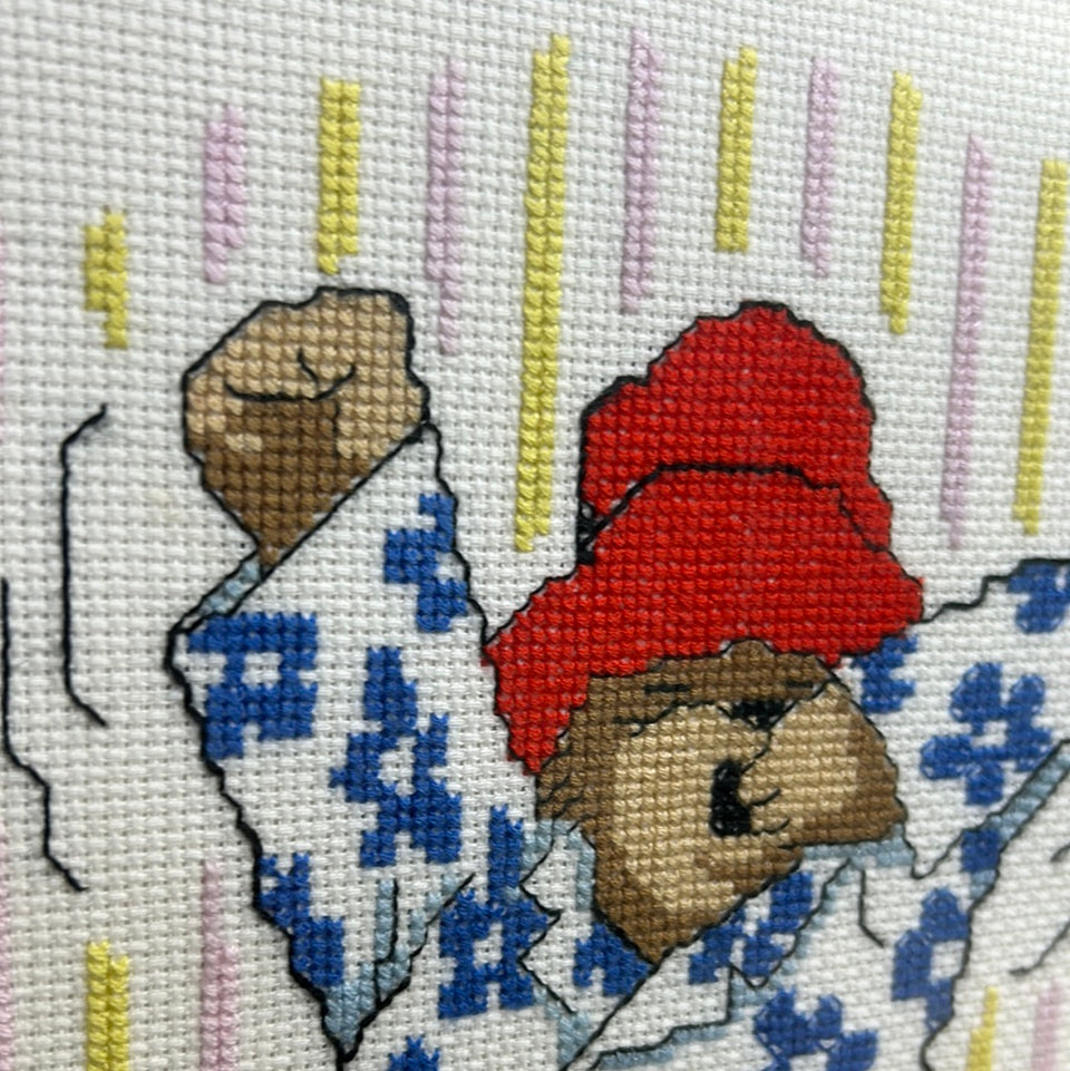Vintage Sleepy Paddington bear Embroidery -  Childrens room - Tapestry - Patchwork - Cotton work - Framed behind glass