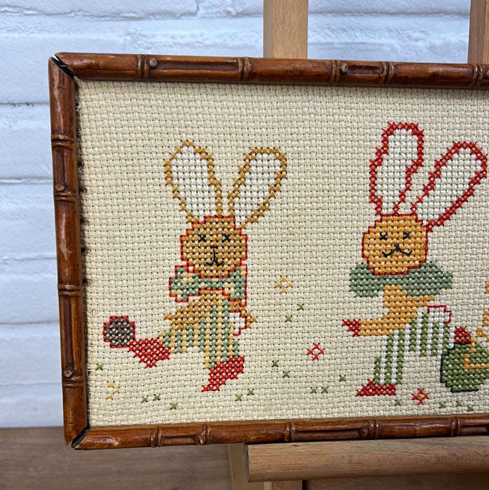Bunnies Childrens room Embroidery - Tapestry Rabbits - Patchwork - Cotton work - Framed