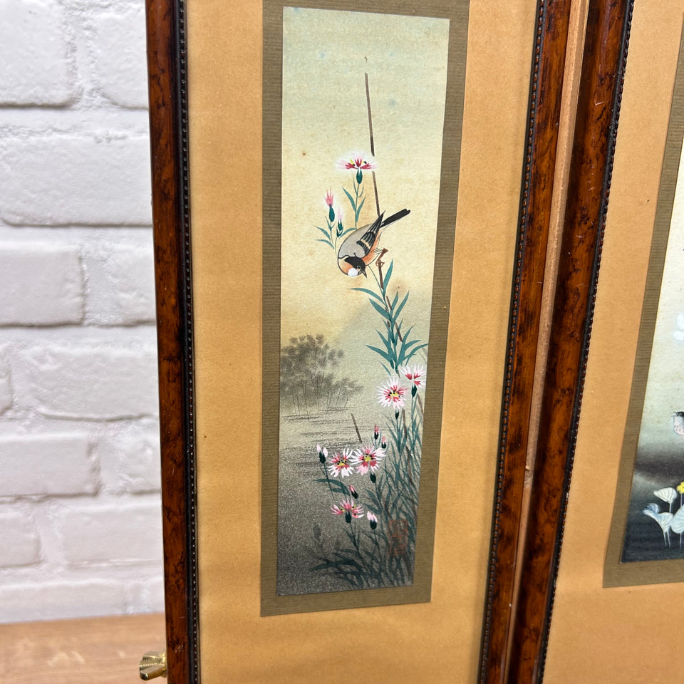 Two Handpainted Asian floral & bird paintings behind frame