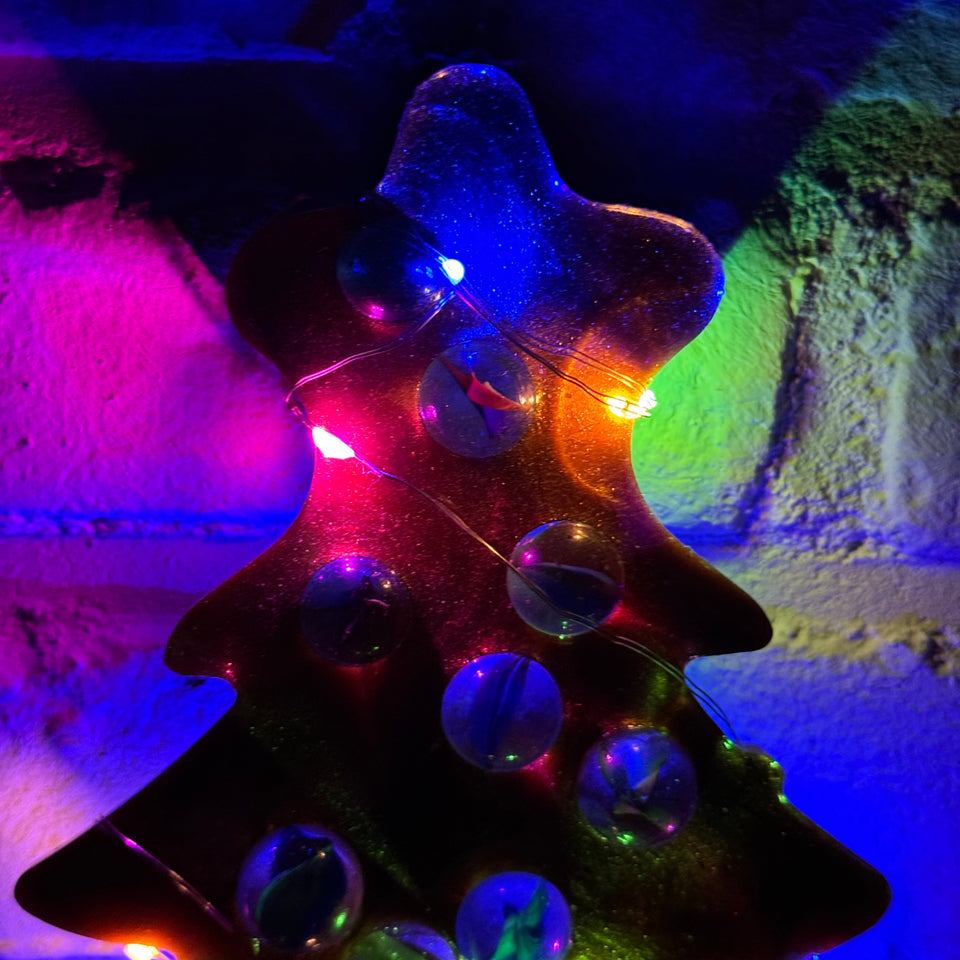 Glass Marbles Christmas tree - Gold Resin epoxy art with colored lights