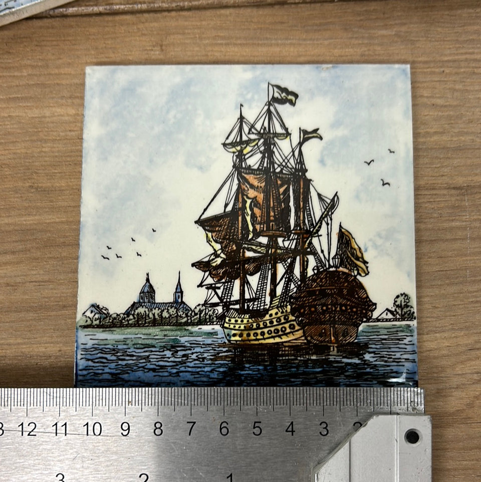 A set of 2 hand painted Dutch Sailing Ships - Ceramic Tiles - Also available in larger sets