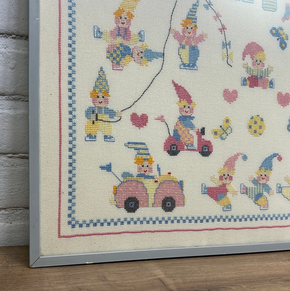 Alphabet Gnomes playing - Kids room Embroidery - Cottonwork - Framed