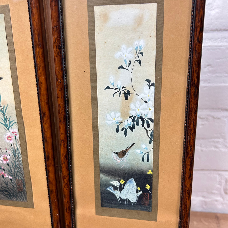Two Handpainted Asian floral & bird paintings behind frame