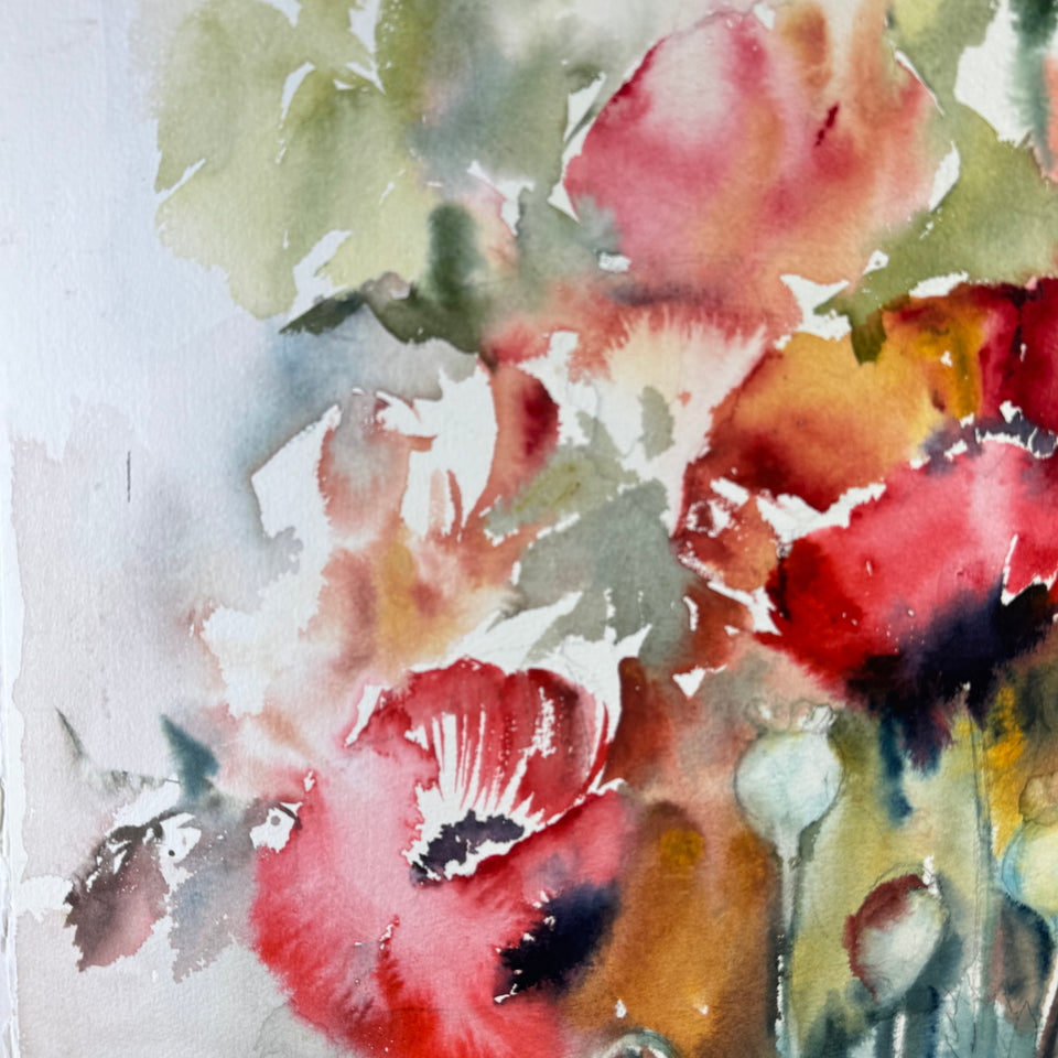 Large watercolor painting: Abstract Flowers by Coraline Bäcker