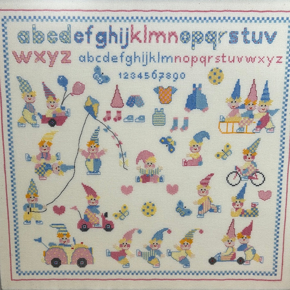 Alphabet Gnomes playing - Kids room Embroidery - Cottonwork - Framed