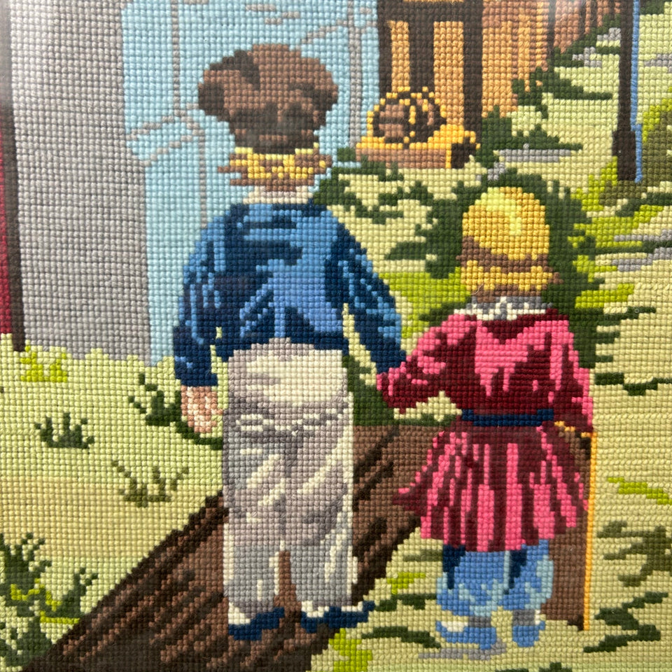 Boy & Girl Vintage Embroidery - Tapestry - Patchwork - Cotton work - Framed