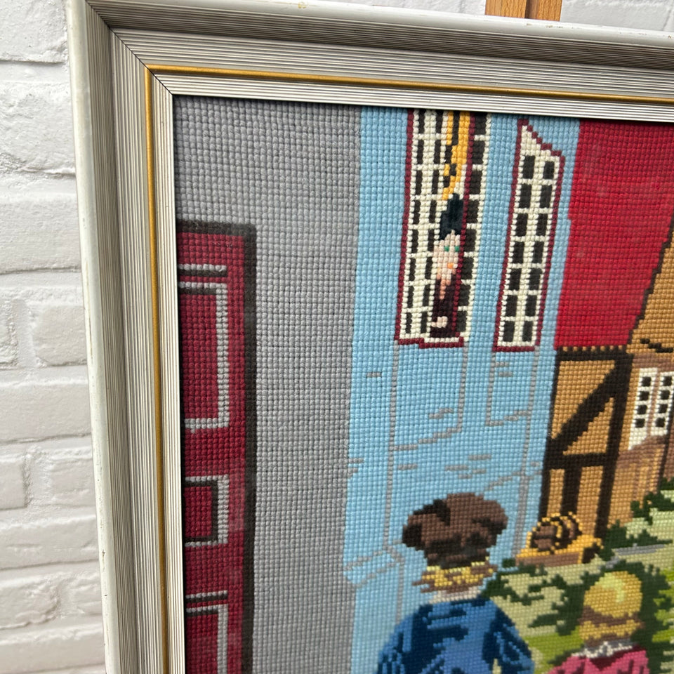Boy & Girl Vintage Embroidery - Tapestry - Patchwork - Cotton work - Framed