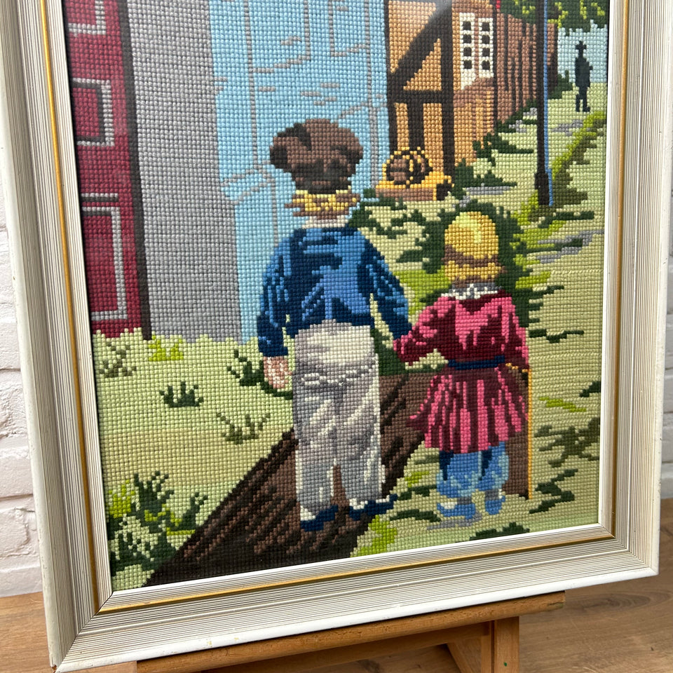 Boy & Girl Vintage Embroidery - Tapestry - Patchwork - Cotton work - Framed