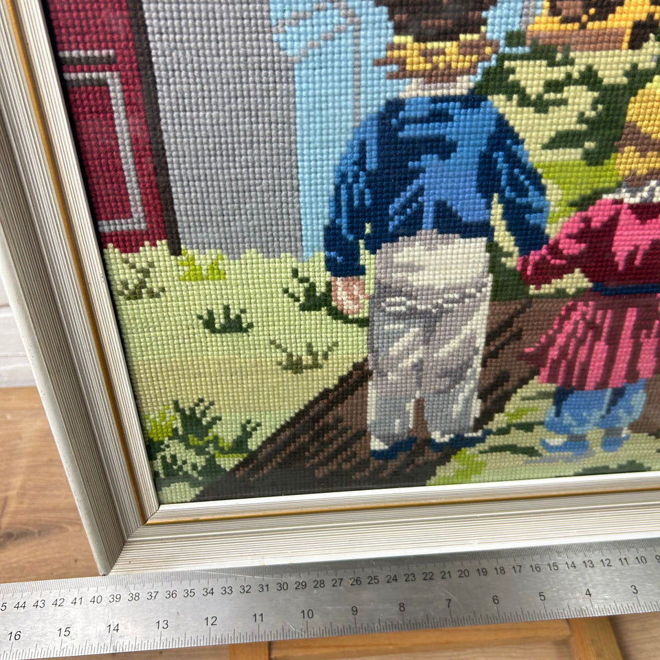 Boy & Girl Vintage Embroidery - Tapestry - Patchwork - Cotton work - Framed