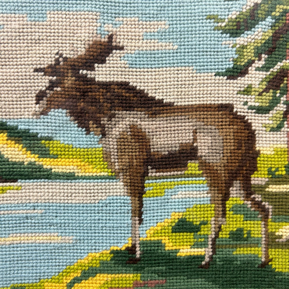 Landcape river with a rendeer - Vintage Embroidery - Tapestry - Patchwork - Cotton work - Framed