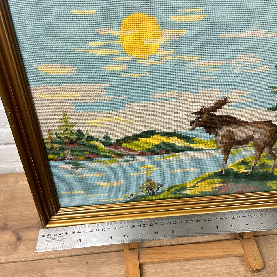 Landcape river with a rendeer - Vintage Embroidery - Tapestry - Patchwork - Cotton work - Framed