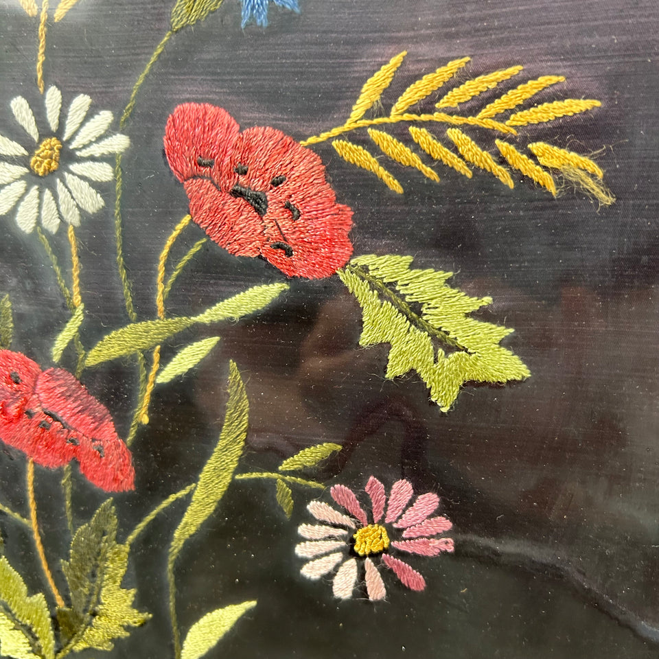Colourful flowers on black background - Vintage Embroidery - Tapestry - Patchwork - Cotton work - Framed
