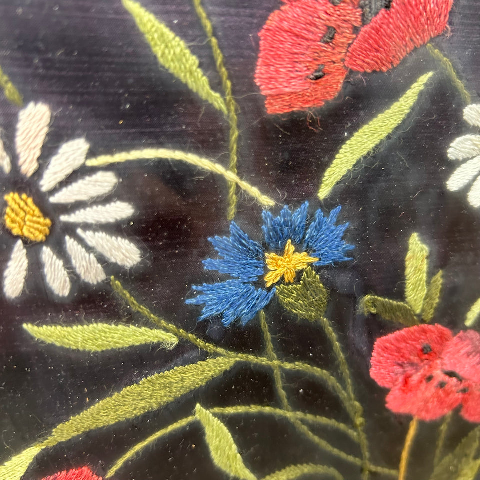 Colourful flowers on black background - Vintage Embroidery - Tapestry - Patchwork - Cotton work - Framed